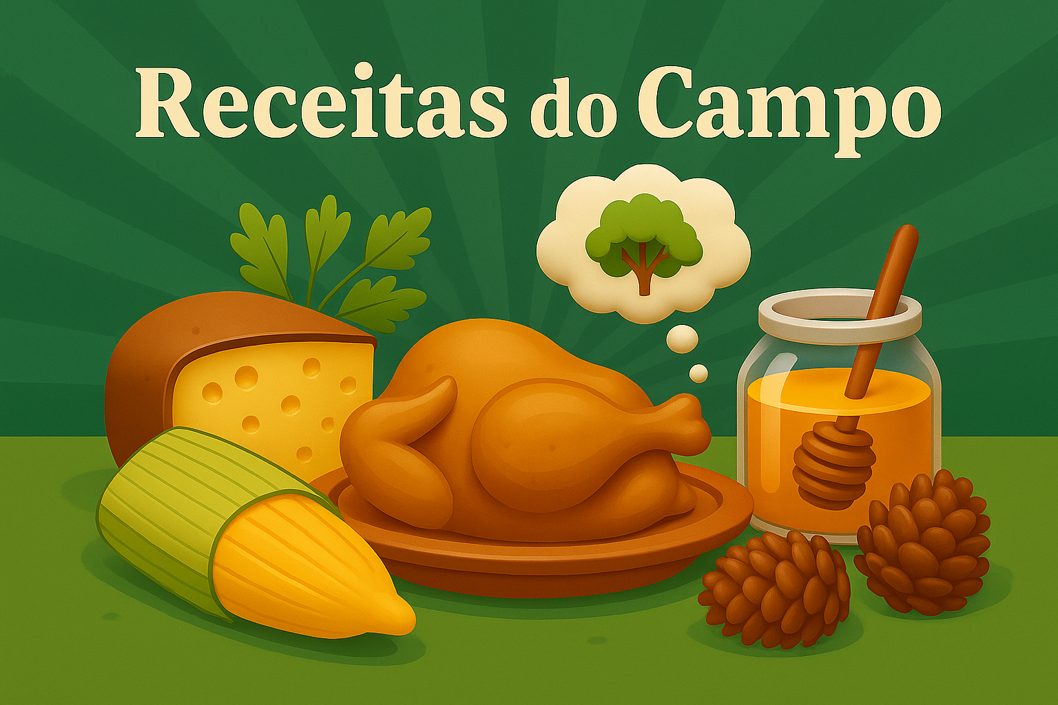 Imagem de ingredientes do campo, queijo, frango, pinhão, mel e pamonha